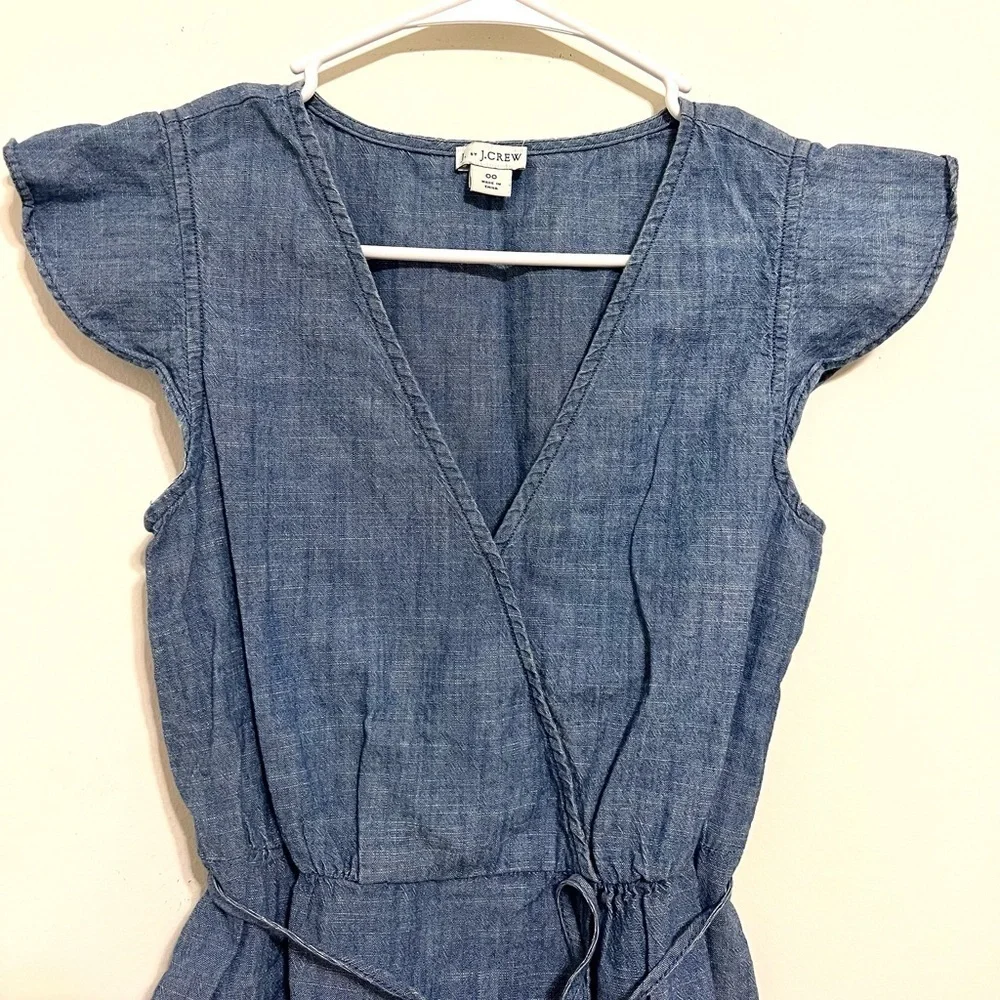 2/$30 J. Crew - Chambray Flutter Sleeve Faux Wrap Tie Waist Blouse Blue Size 00